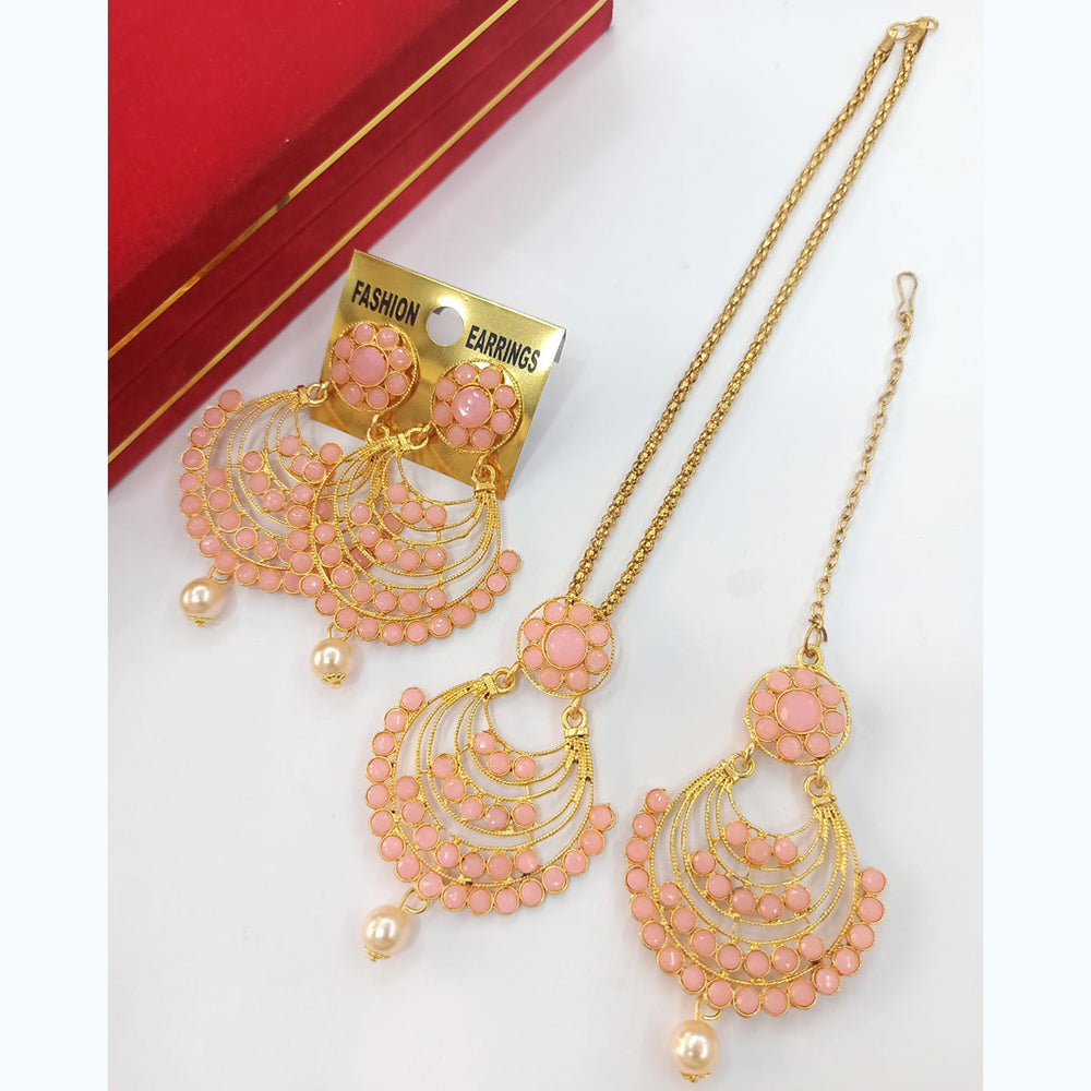 Vaamika Gold Plated Pota Stone & Pearl Necklace Set With Maang Tikka