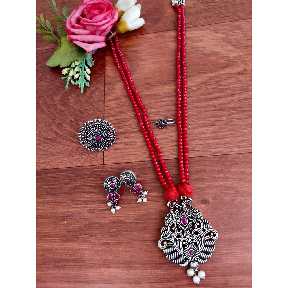 Vaamika Oxidized Plated Pota Stone Peacock Necklace Set