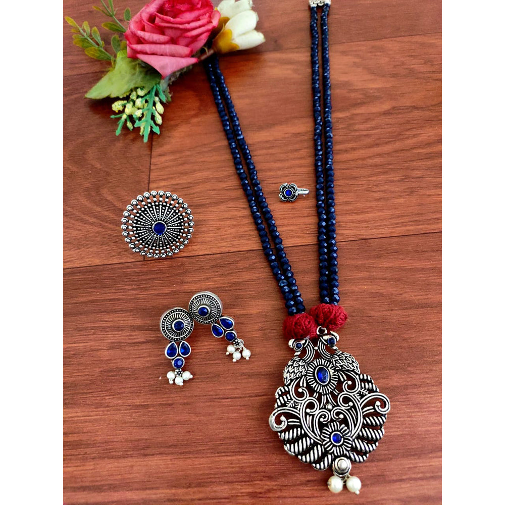 Vaamika Oxidized Plated Pota Stone Peacock Necklace Set