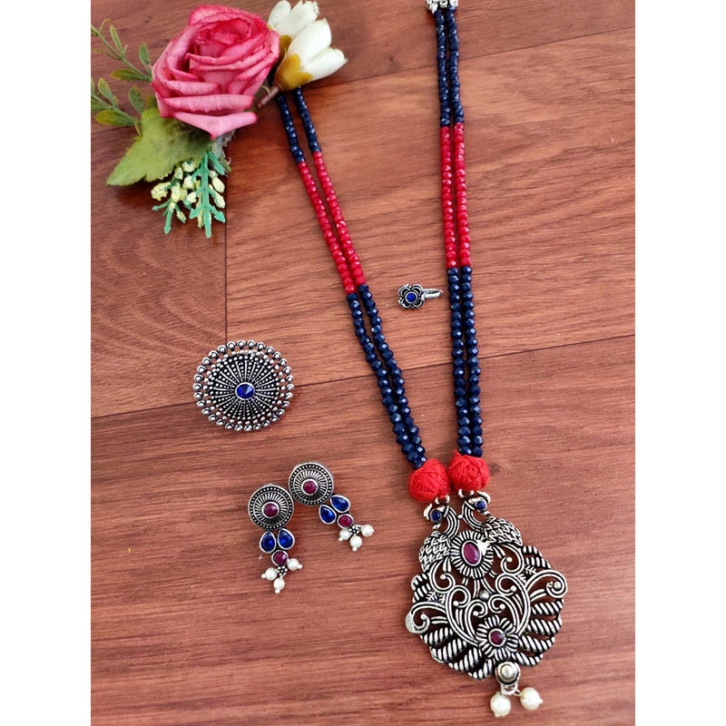 Vaamika Oxidized Plated Pota Stone Peacock Necklace Set