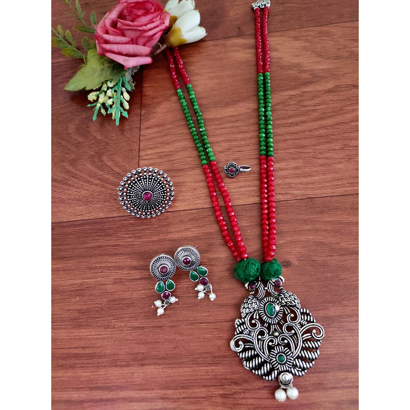 Vaamika Oxidized Plated Pota Stone Peacock Necklace Set