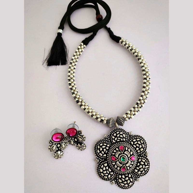 Vaamika Oxidized Plated Pink Pota Stone Necklace Set