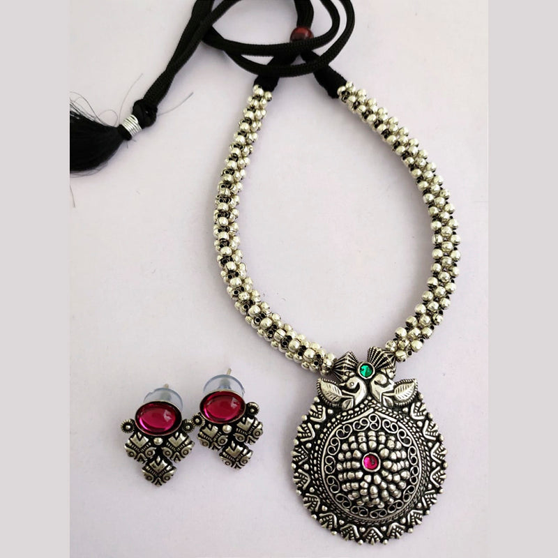 Vaamika Oxidized Plated Pink Pota Stone Necklace Set