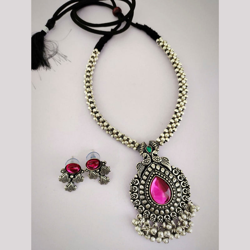 Vaamika Oxidized Plated Pink Pota Stone Necklace Set