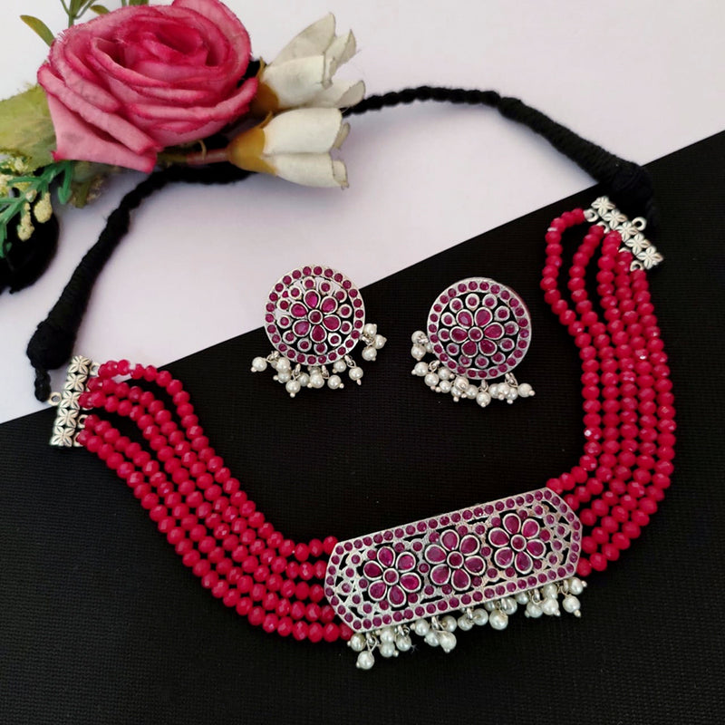 Vaamika Silver Plated Pota Stone & Beads Thread Necklace Set