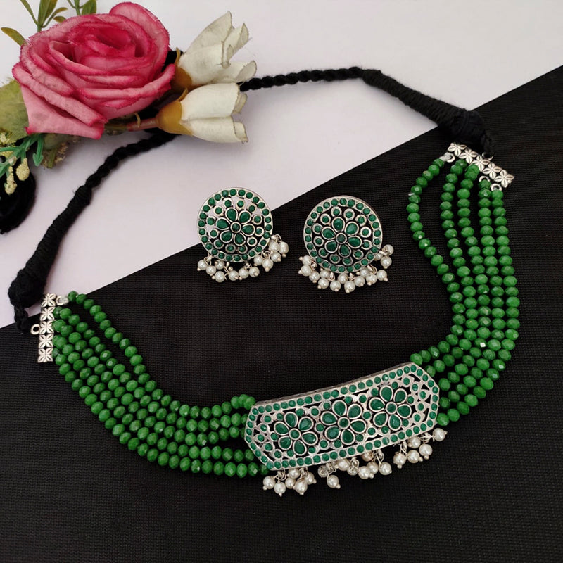 Vaamika Silver Plated Pota Stone & Beads Thread Necklace Set