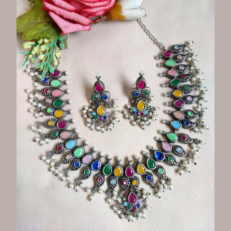 Vaamika Oxidized Plated Pota Stone Necklace Set