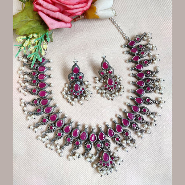 Vaamika Oxidized Plated Pota Stone Necklace Set