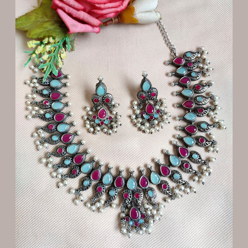 Vaamika Oxidized Plated Pota Stone Necklace Set