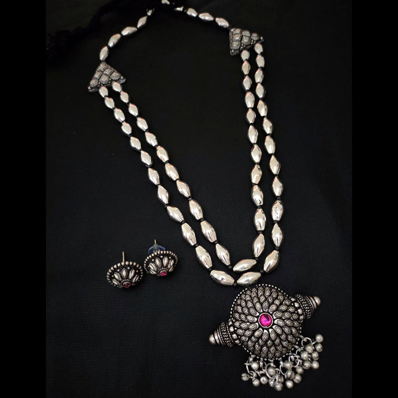 Vaamika Oxidized Plated Pink Stone Long Necklace Set