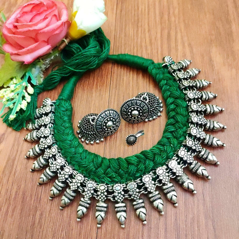 Vaamika Green Thread Oxidised Necklace Set With Nose Pin