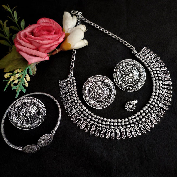 Vaamika Oxidized Plated Necklace Set With Nose Ring , Ring , Bracelet