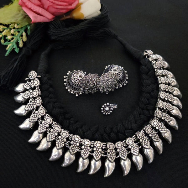 Vaamika Black Thread Oxidised Necklace Set With Nose Pin