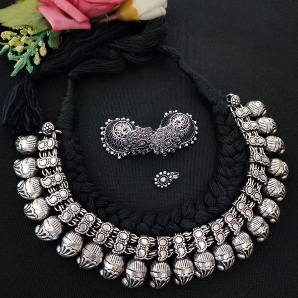 Vaamika Black Thread Oxidised Necklace Set With Nose Pin