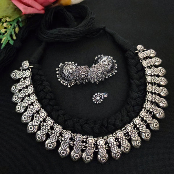 Vaamika Black Thread Oxidised Necklace Set With Nose Pin