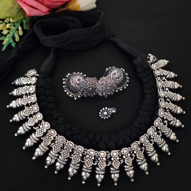 Vaamika Black Thread Oxidized Necklace Set With Nose Pin