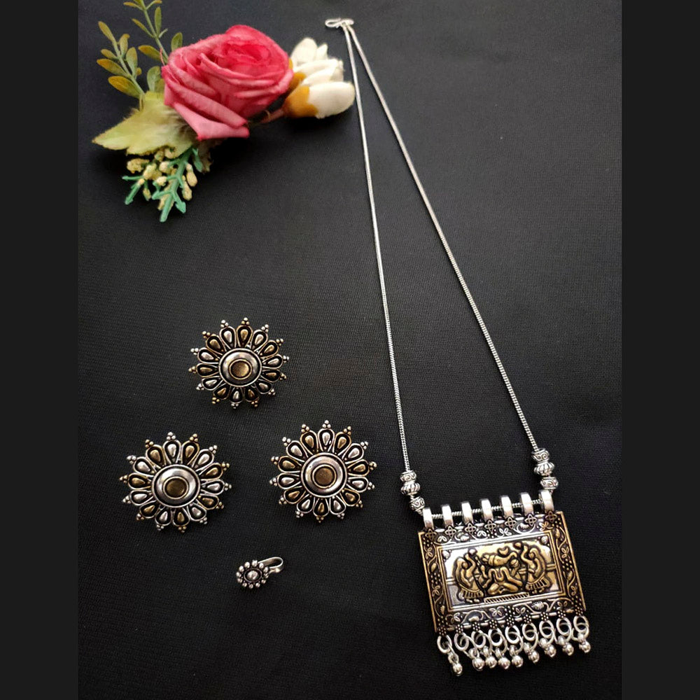 Vaamika Oxidised 2Tone Plated Chain Pendant Stud Ring & Nose Pin Combo