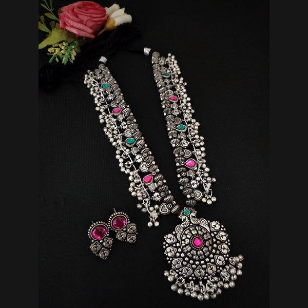 Vaamika Oxidized Plated Pink & Green Pota Stone Necklace Set