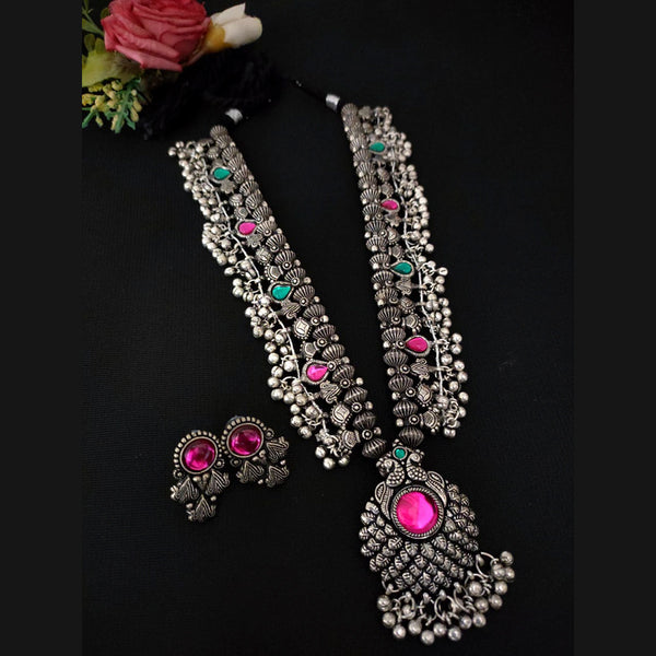 Vaamika Oxidized Plated Pink & Green Pota Stone Necklace Set