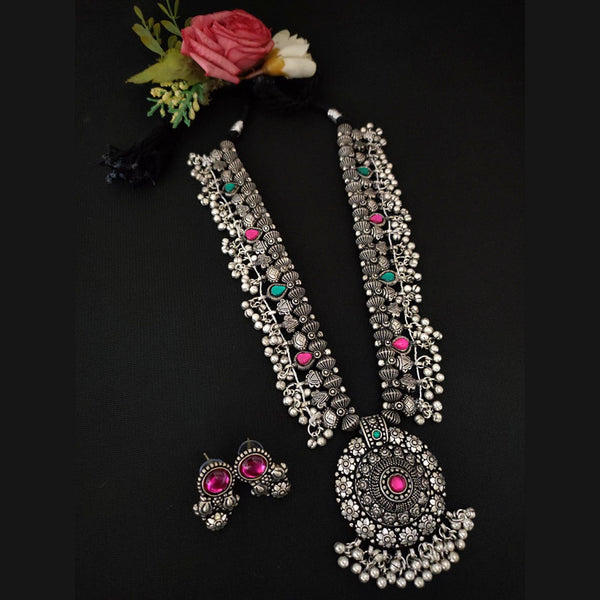 Vaamika Oxidized Plated Pink & Green Pota Stone Necklace Set