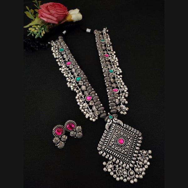 Vaamika Oxidized Plated Pink & Green Pota Stone Necklace Set