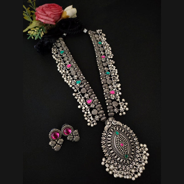 Vaamika Oxidized Plated Pink & Green Pota Stone Necklace Set