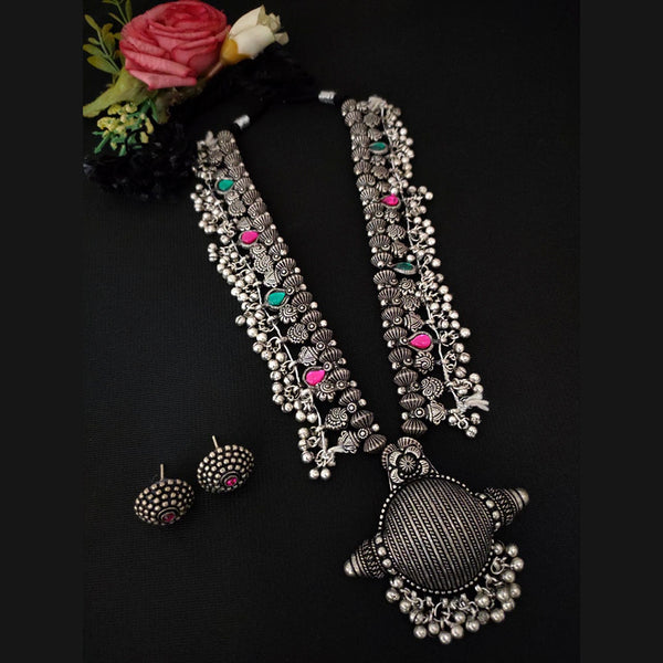 Vaamika Oxidized Plated Pink & Green Pota Stone Necklace Set