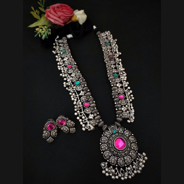 Vaamika Oxidized Plated Pink & Green Pota Stone Necklace Set