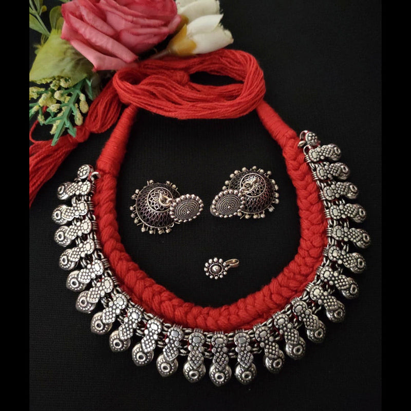 Vaamika Red Thread Oxidised Necklace Set With Nose Pin - VMNECK264