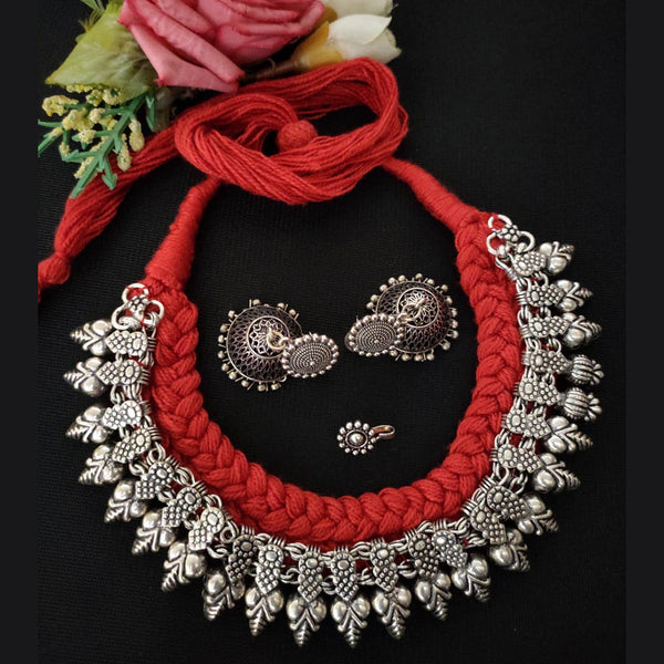 Vaamika Red Thread Oxidised Necklace Set With Nose Pin - VMNECK265