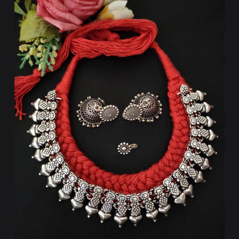 Vaamika Red Thread Oxidised Necklace Set With Nose Pin - VMNECK266