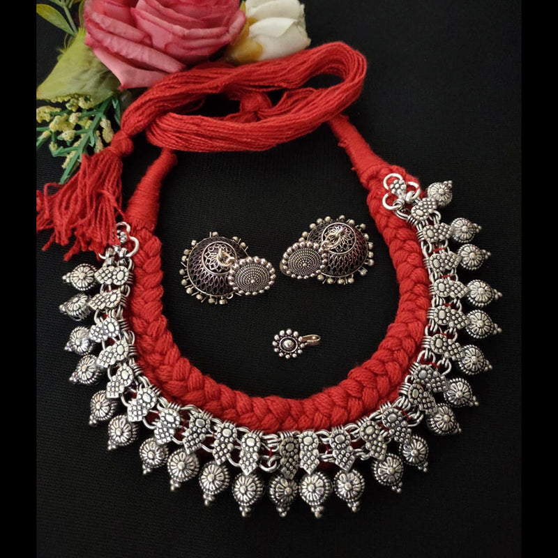 Vaamika Red Thread Oxidised Necklace Set With Nose Pin - VMNECK269