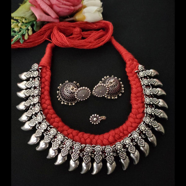 Vaamika Red Thread Oxidised Necklace Set With Nose Pin - VMNECK270