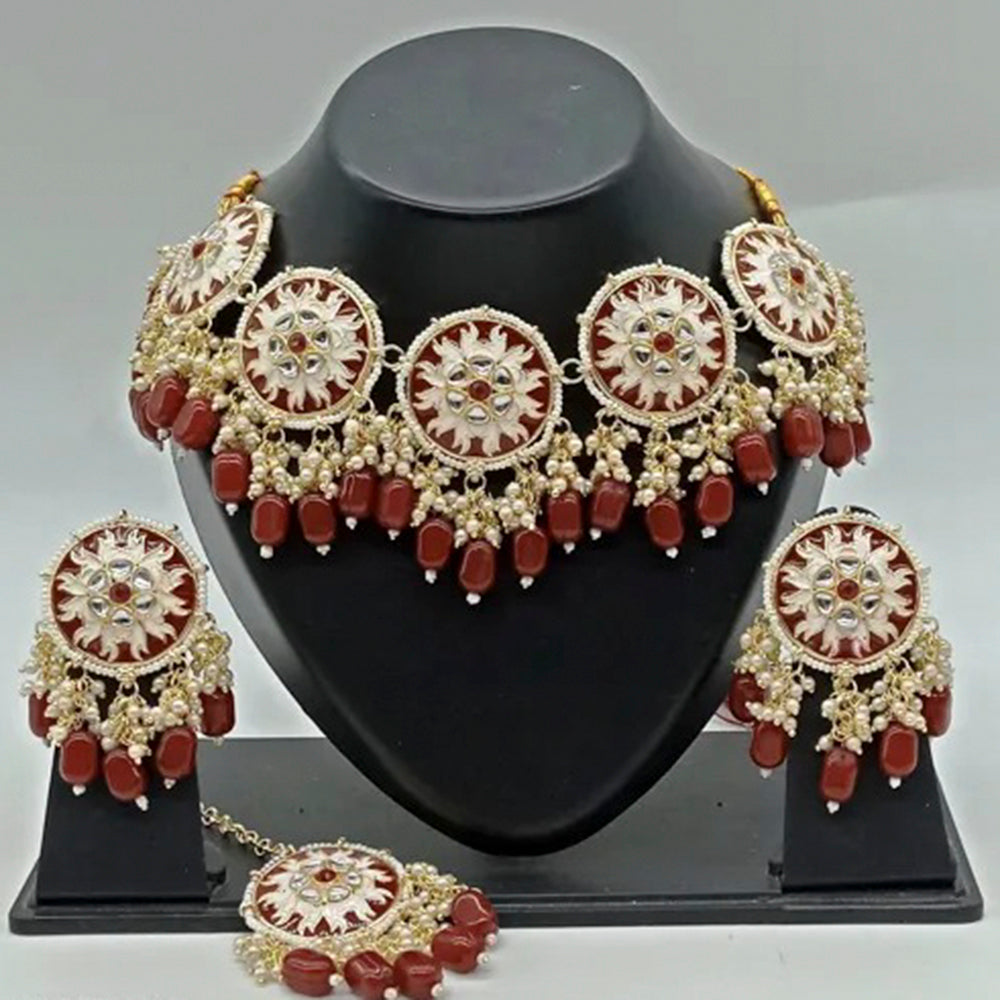Vaamika Gold Plated Kundan Stone & Meenakari & Beads Necklace Set