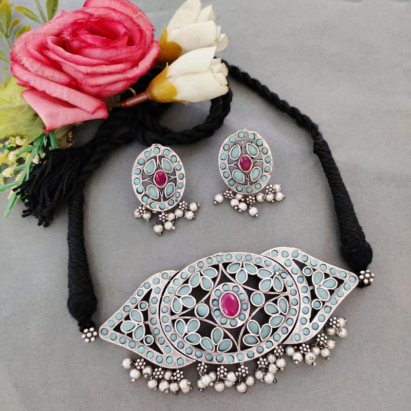 Vaamika Oxidized Plated Pota Stone Necklace Set