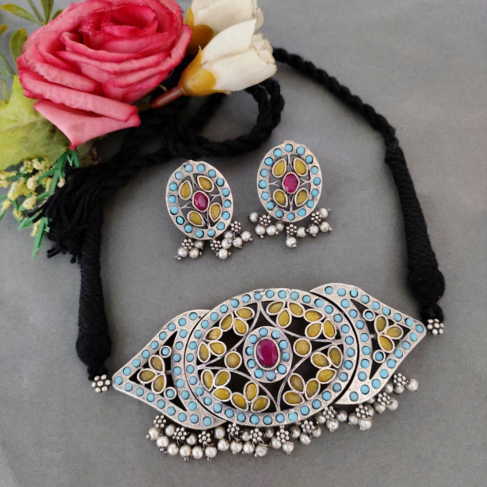 Vaamika Oxidized Plated Pota Stone Necklace Set