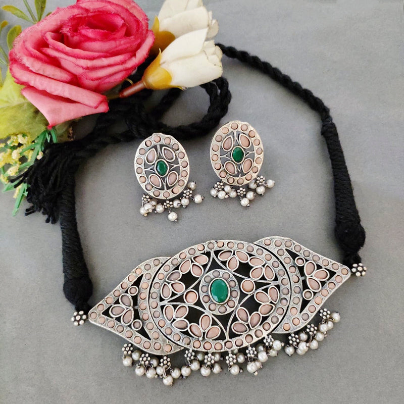 Vaamika Oxidized Plated Pota Stone Necklace Set