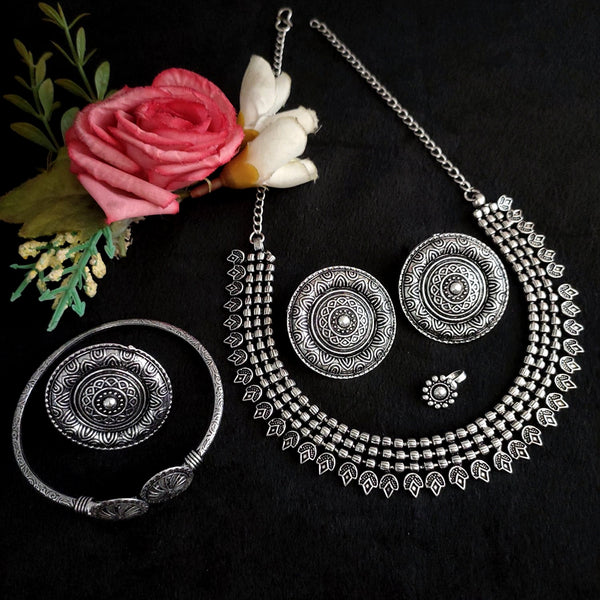 Vaamika Oxidized Plated Necklace Set With Nose Ring , Ring , Bracelet