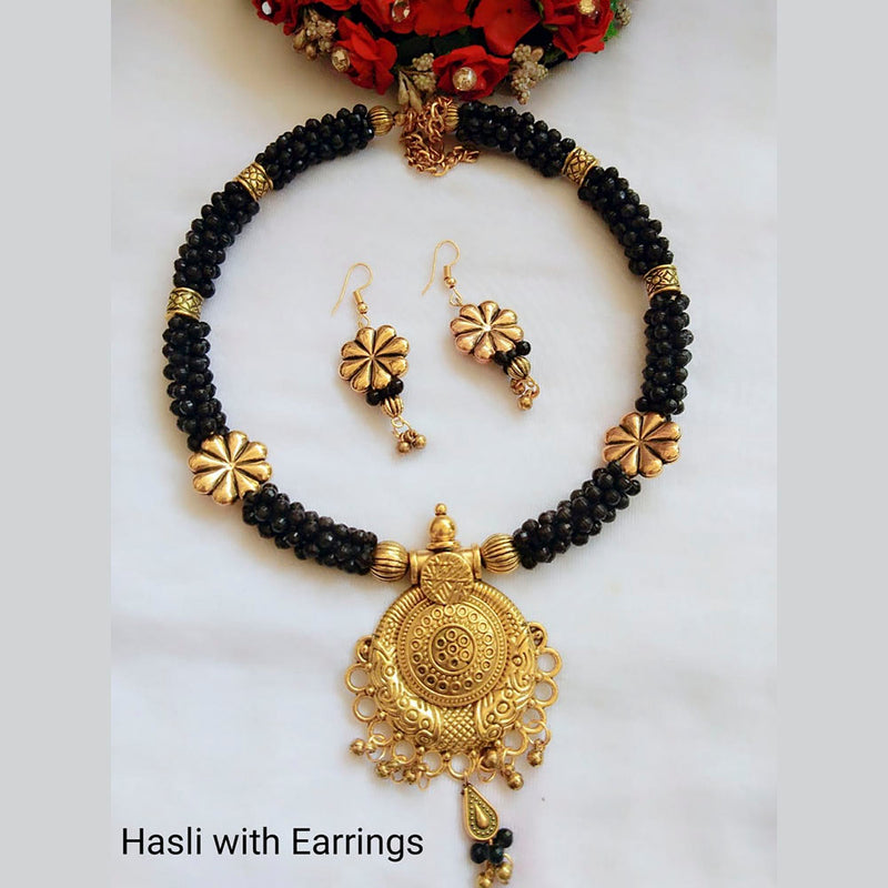 Vaamika Gold Plated Beads Hasli Necklace Set With Earrings