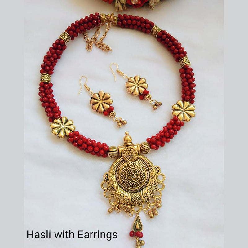 Vaamika Gold Plated Beads Hasli Necklace Set With Earrings