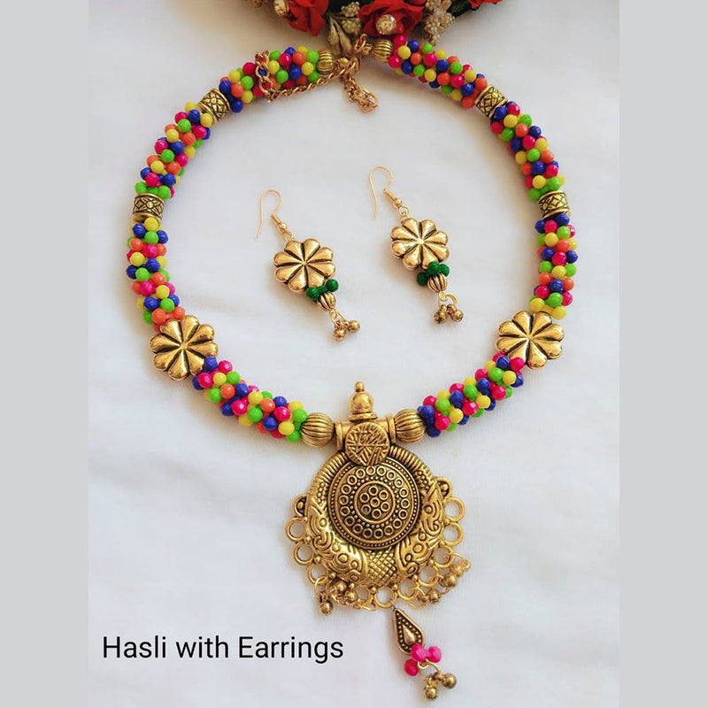 Vaamika Gold Plated Beads Hasli Necklace Set With Earrings