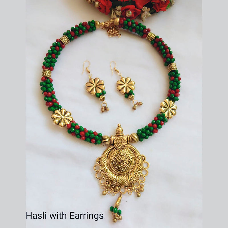 Vaamika Gold Plated Beads Hasli Necklace Set With Earrings