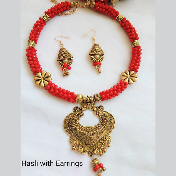 Vaamika Gold Plated Beads Hasli Necklace Set With Earrings