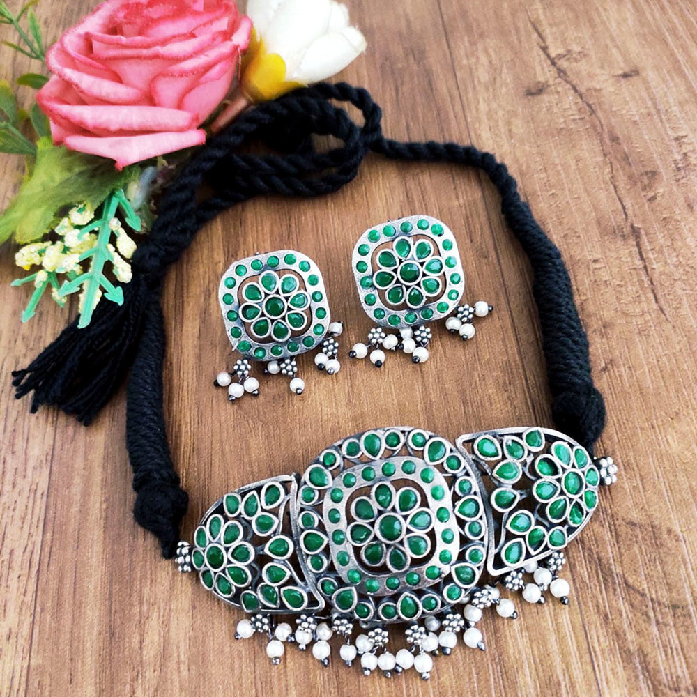 Vaamika Oxidised Plated Pota Stone Thread Necklace Set