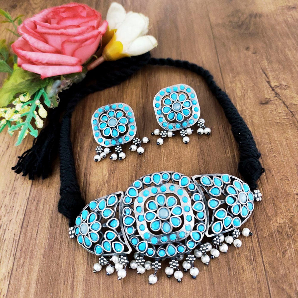 Vaamika Oxidised Plated Pota Stone Thread Necklace Set