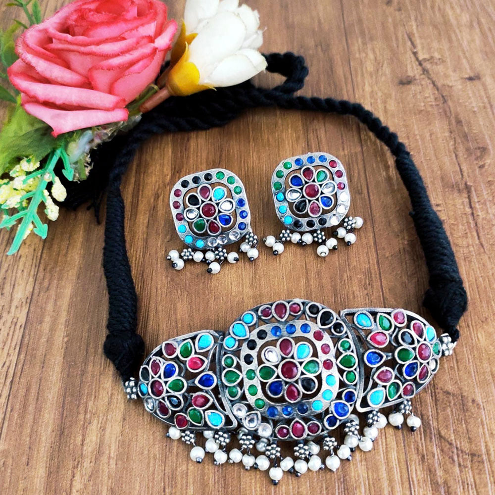 Vaamika Oxidised Plated Pota Stone Thread Necklace Set