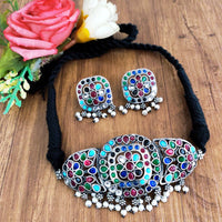 Vaamika Oxidised Plated Pota Stone Thread Necklace Set