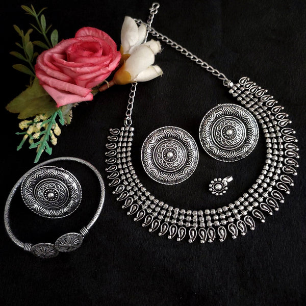 Vaamika Oxidized Plated Necklace Set With Nose Ring , Ring , Bracelet