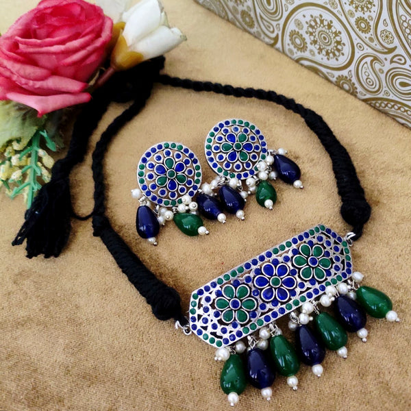 Vaamika Oxidized Plated Pota Stone & Beads Thread Necklace Set