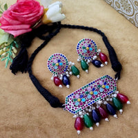 Vaamika Oxidized Plated Pota Stone & Beads Thread Necklace Set